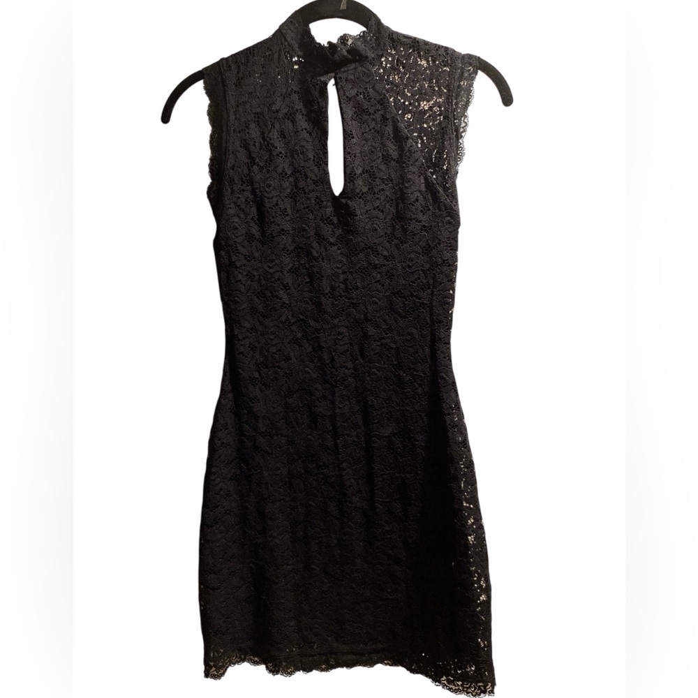 bebe Black Lace Mini Dress with keyhole in the front and back with mock collar